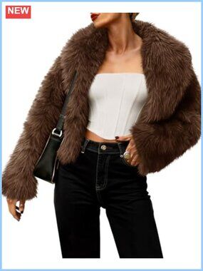Cropped Faux Fur Jacket Coat Open Front Cardigan Shaggy Fuzzy